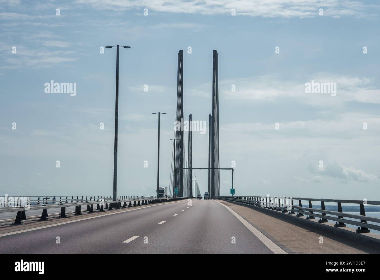Oresund Bridge's Modern Design, Calm Day from Denmark to Sweden. Stock Photo