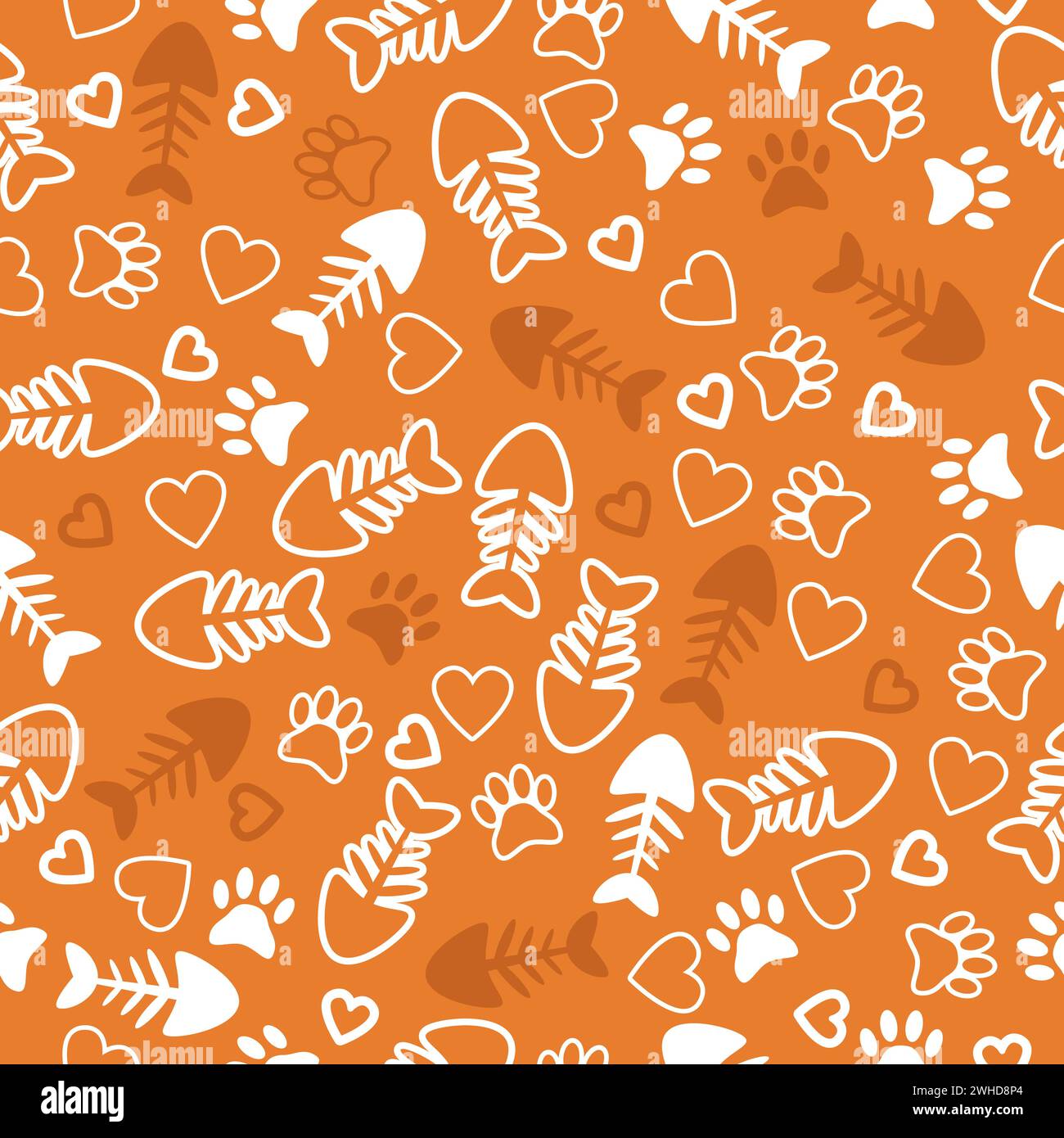 Seamless pattern with cat paw prints, fish bone and hearts. Orange background. Vector illustration Stock Vector