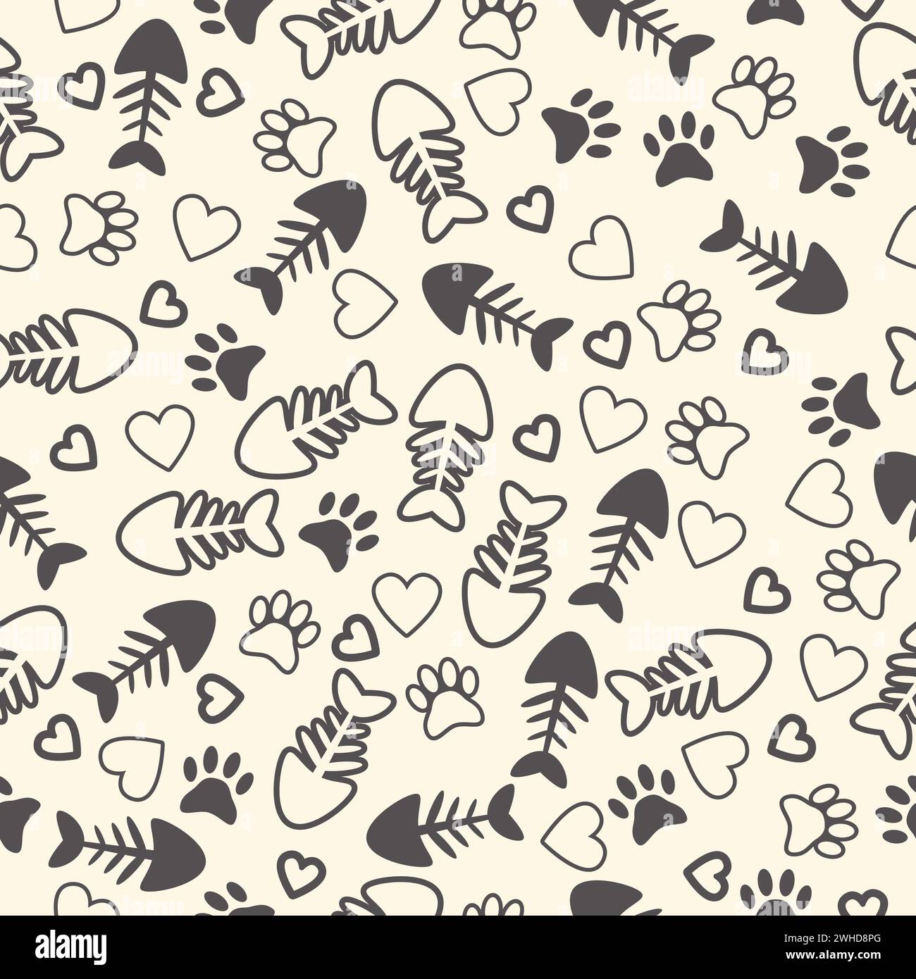 Seamless pattern with cat paw prints, fish bone, and hearts. Endless background. Vector illustration Stock Vector