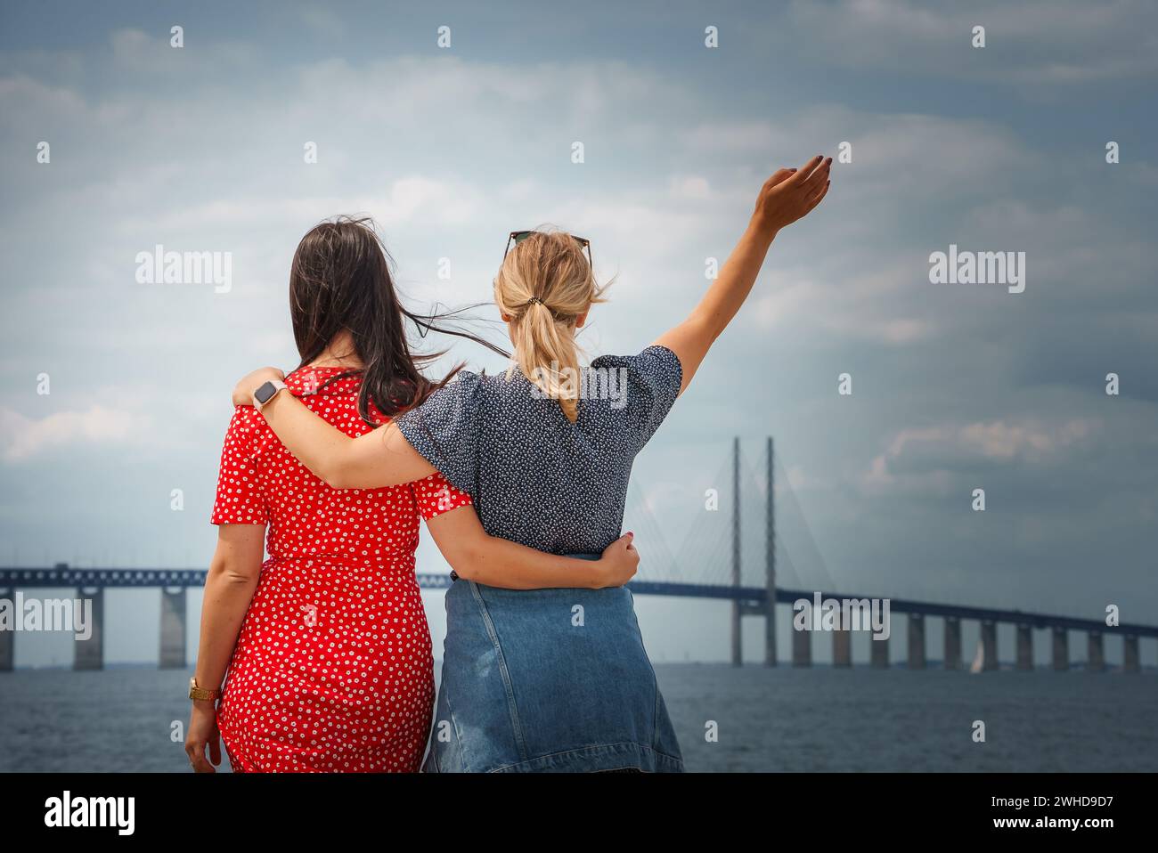 Two Pals Gaze at the Oresund Bridge, from Denmark to Sweden's Side. Stock Photo