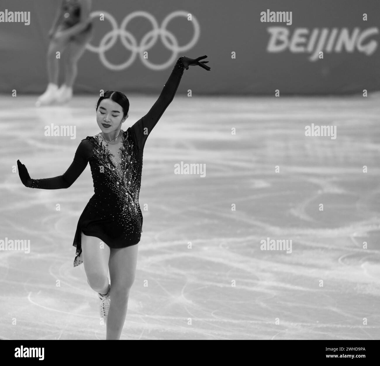 FEB 6, 2022 - Beijing, China: Karen Chen of Team USA warms up ahead of skating her Short Program of the Women Single Skating as part of the Figure Ska Stock Photo