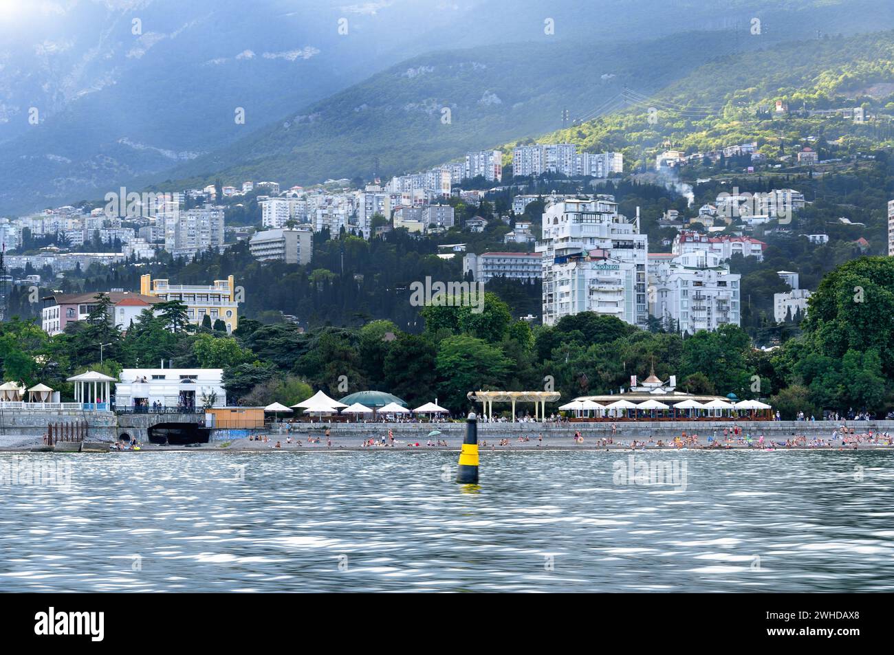Evening Yalta view from the ship. July 2019 Stock Photo