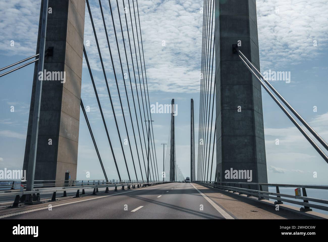 Oresund Bridge, Modern Marvel, Clear Blue Sky, CableSupported Design Stock Photo