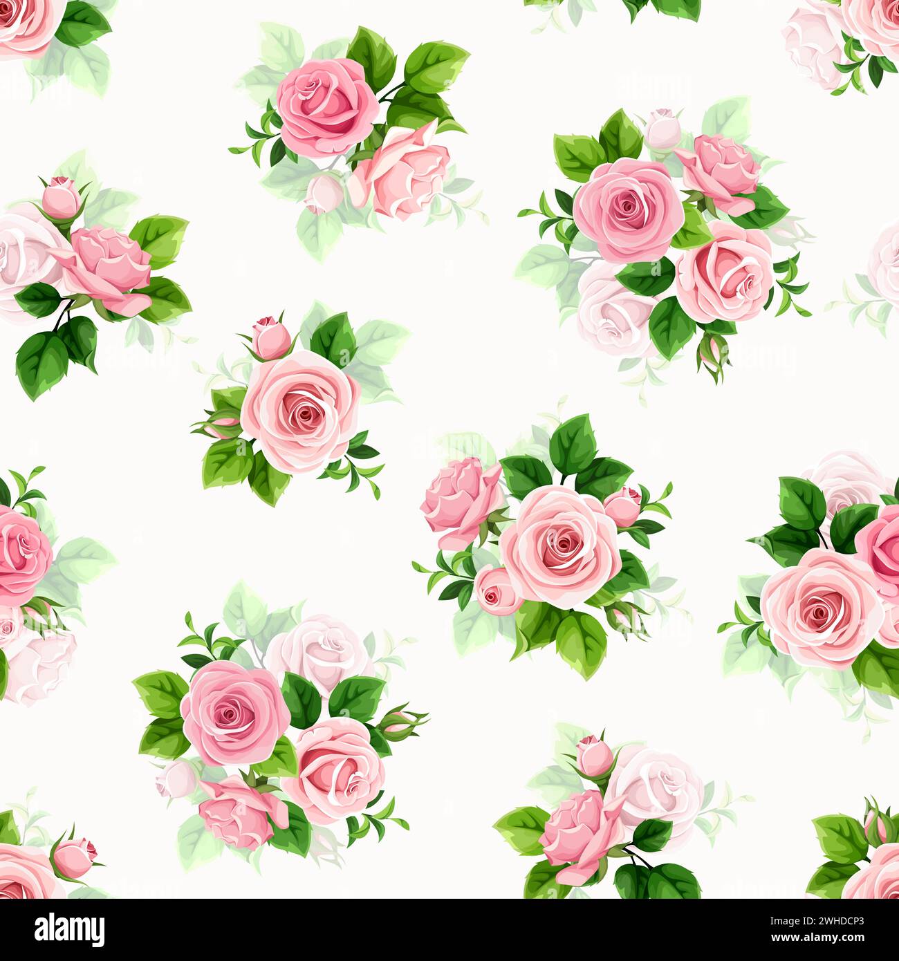 Floral seamless pattern with pink rose flowers and green leaves on a ...