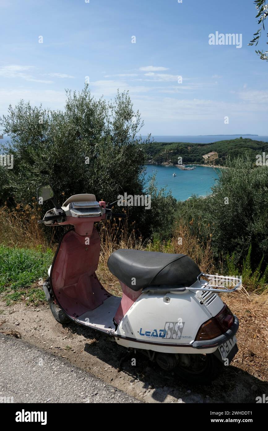 Greece, Parga, scooter on the roadside Stock Photo