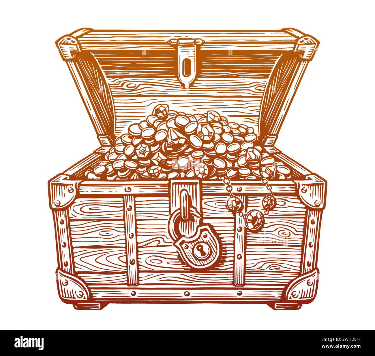 Open treasure chest filled with gold coins and jewelry. Vintage sketch vector illustration Stock Vector