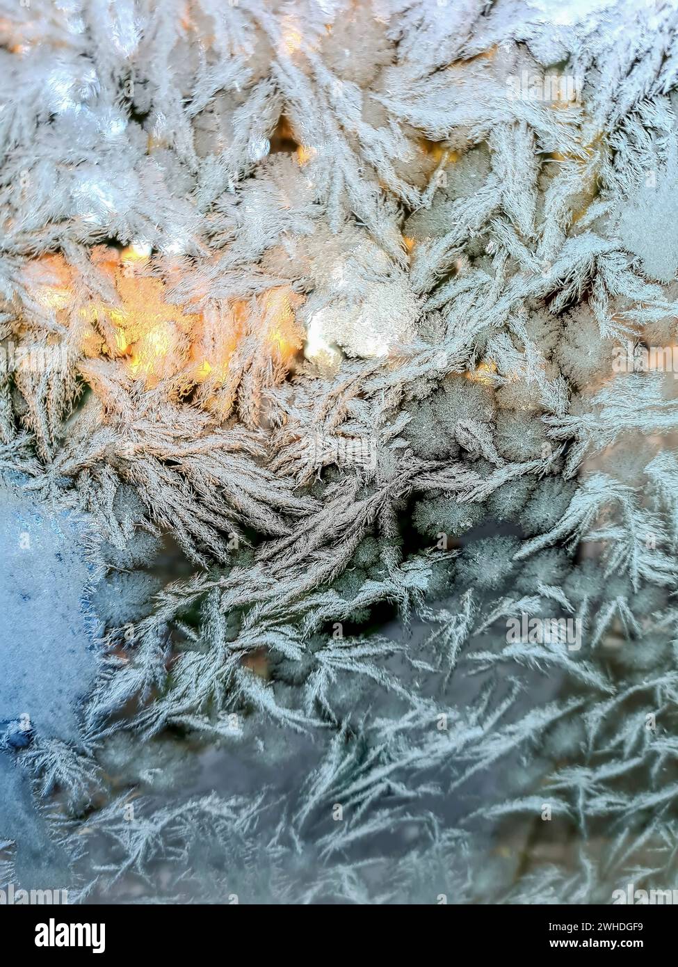 Ice flowers on the window in winter when it's freezing cold outside Stock Photo