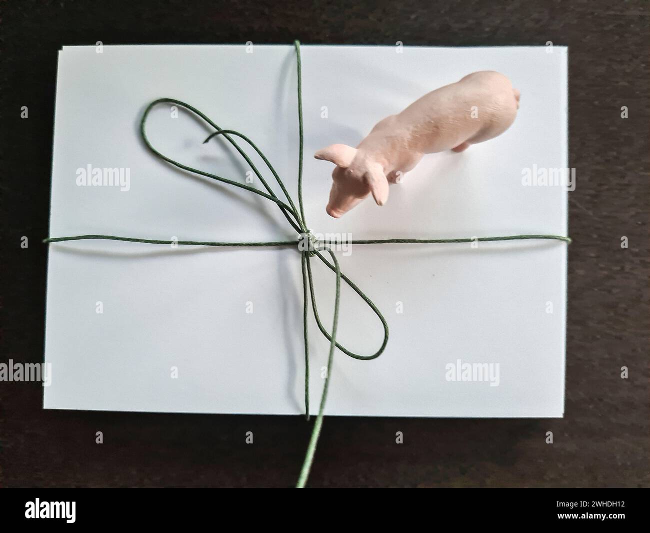 One gift is decorated with white wrapping paper and green ribbon and packing tape with a small pink toy pig Stock Photo