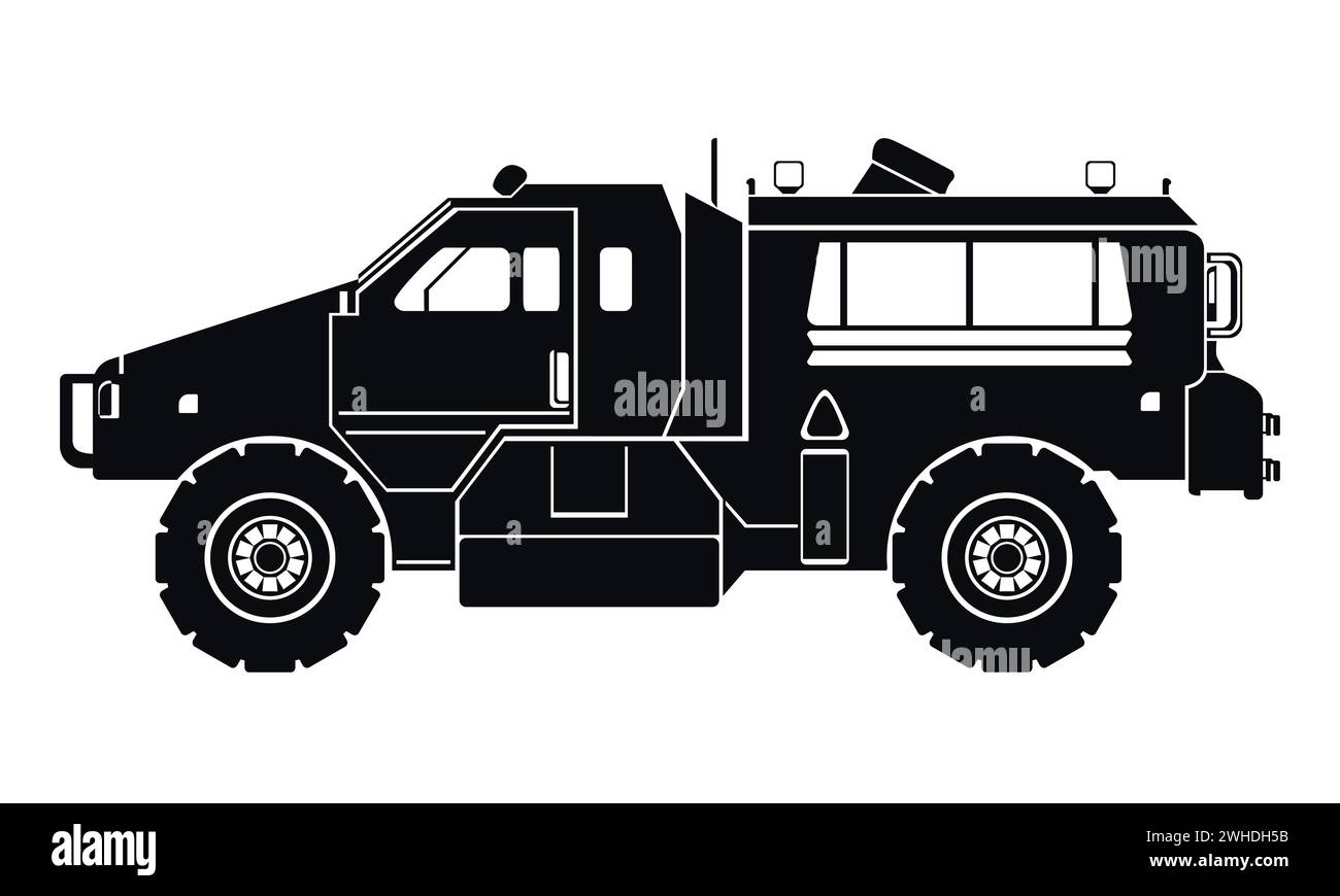 Armored military vehicle silhouette. Black icon. War and army symbols. Vector illustration isolated on white background. Stock Vector