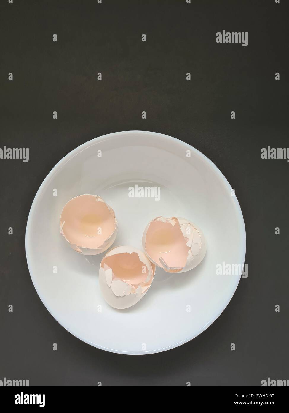 Three white cracked eggshells in a white shell on a gray background Stock Photo