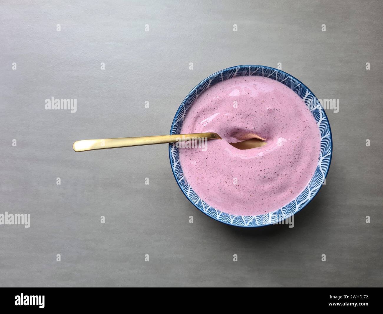 Dessert, bowl with quark, berry quark, blackberry flavor Stock Photo