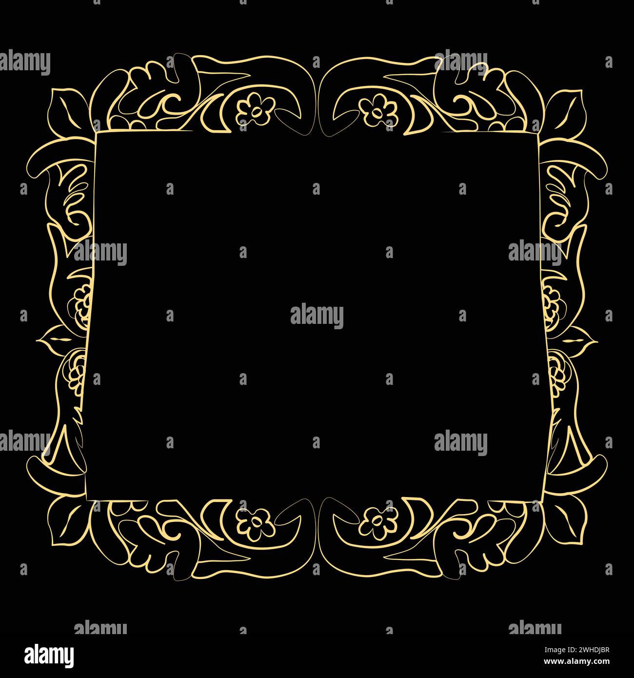 Gold decorated frame with black background and space for text in the middle for certificate, announcement, message; doodle leaf frame; border for mess Stock Vector