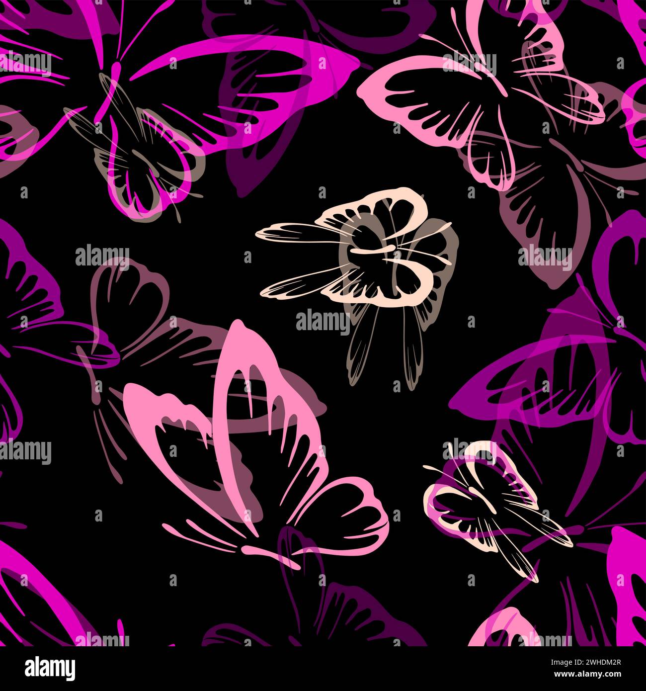 A seamless pattern with pink butterflies on a black background. hand ...