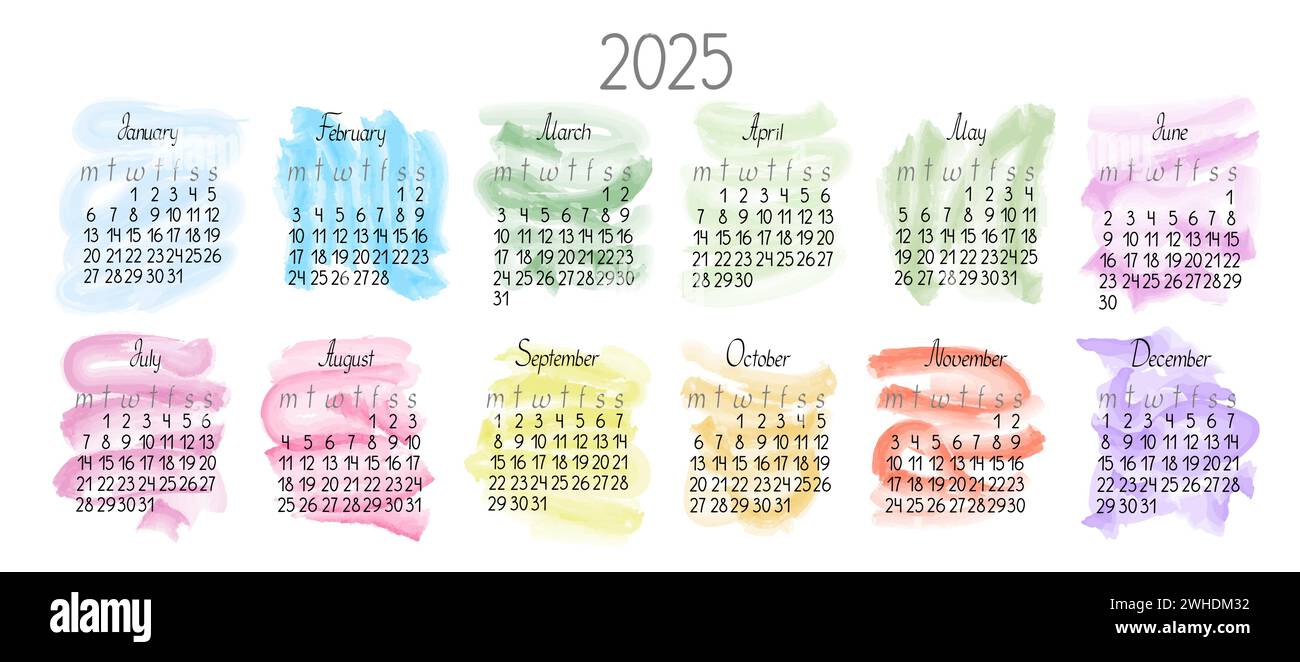 Calendar template for the year 2025 in simple minimalist style, twelve