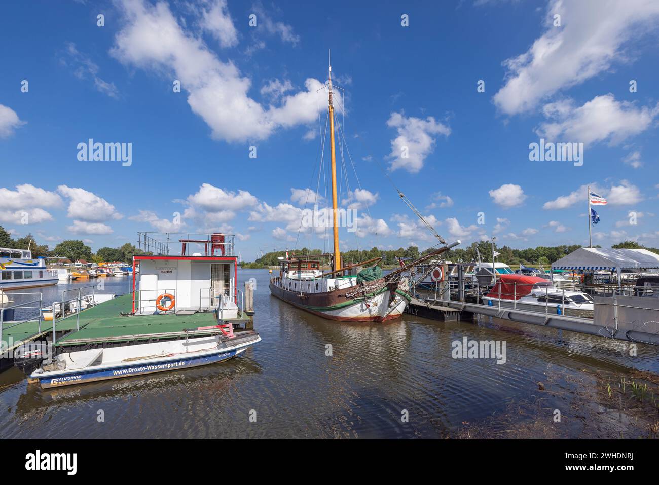 Barßel boat harbor on the Soeste in Barßel, a single municipality in the district of Cloppenburg, Lower Saxony, Stock Photo