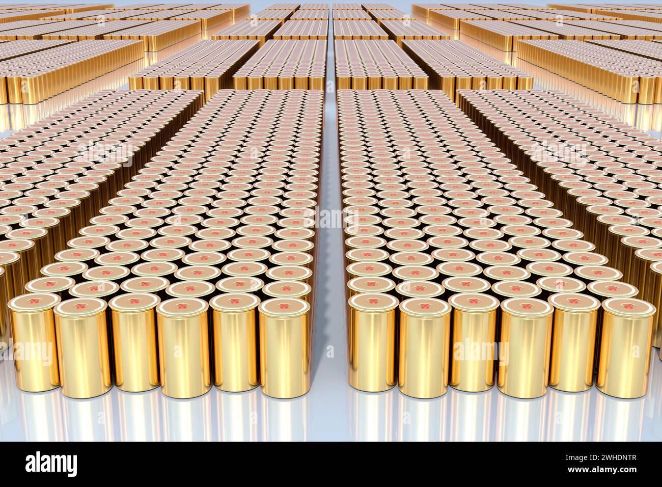 Lithium-ion gold 4680 battery packs, High-capacity accumulator cell modules, tables cell, mass production batteries high power, Renewable energy elect Stock Photo