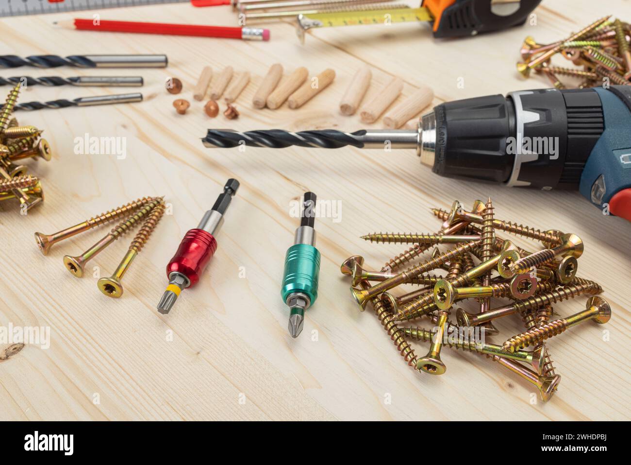 Woodworking, tools for setting wooden dowels, various measuring tools