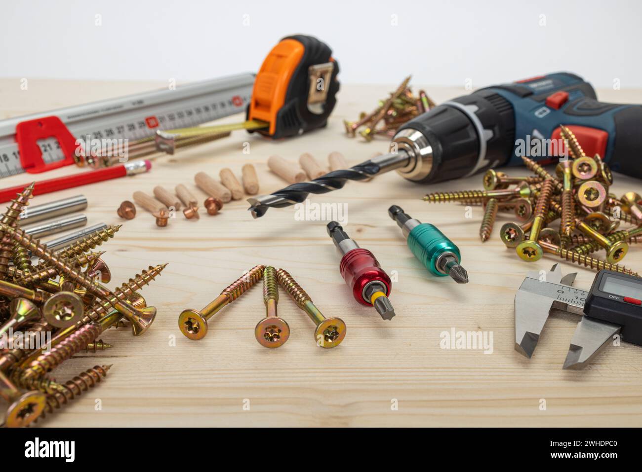 Woodworking, tools for setting wooden dowels, various measuring tools