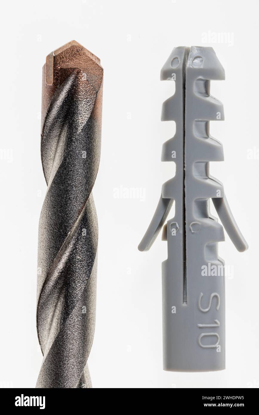 Expansion plug from fischer, masonry drill bit 10 mm, detail, white background, Stock Photo