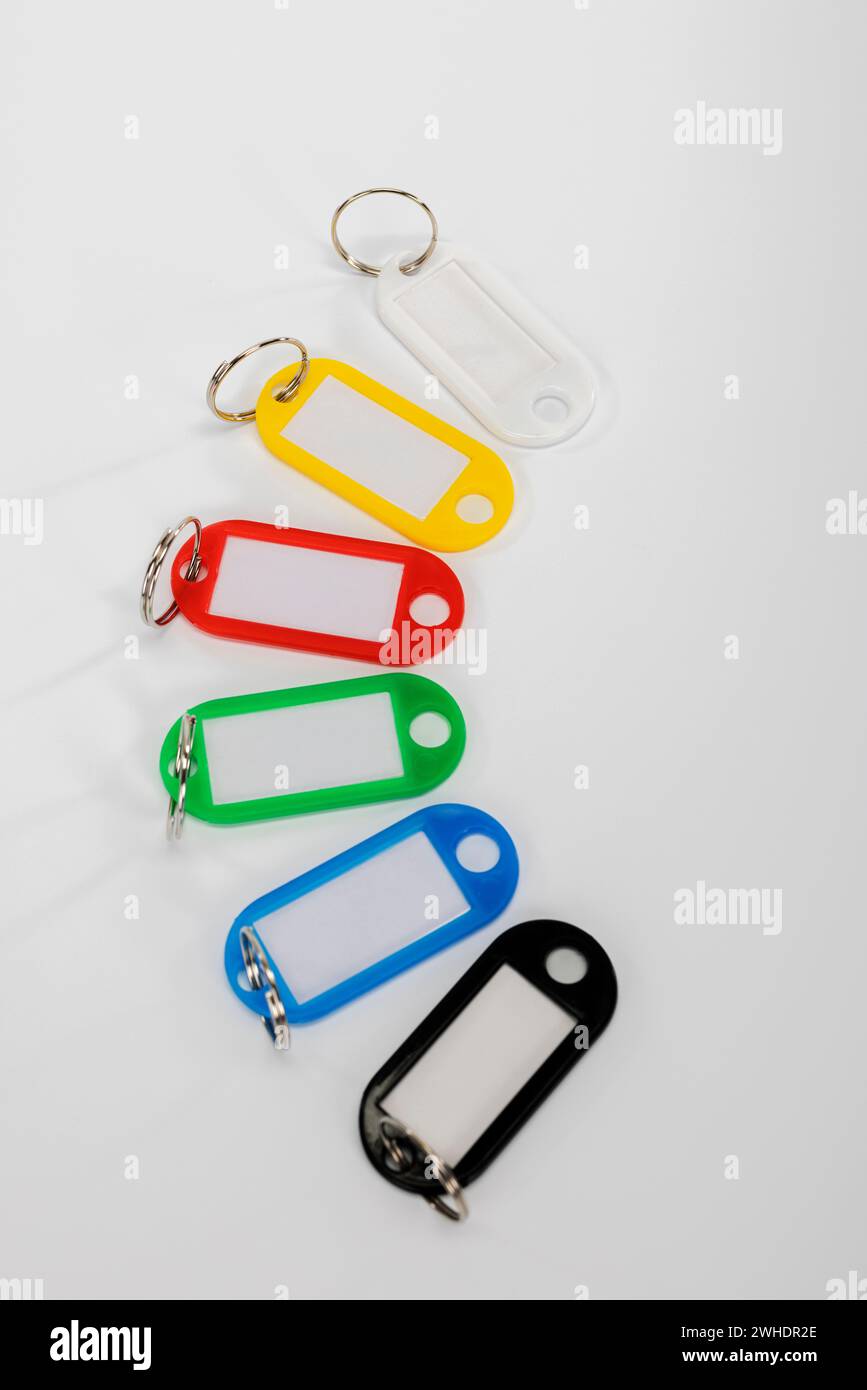 Six plastic key rings with ring, arranged, without lettering, different colors, white background, Stock Photo