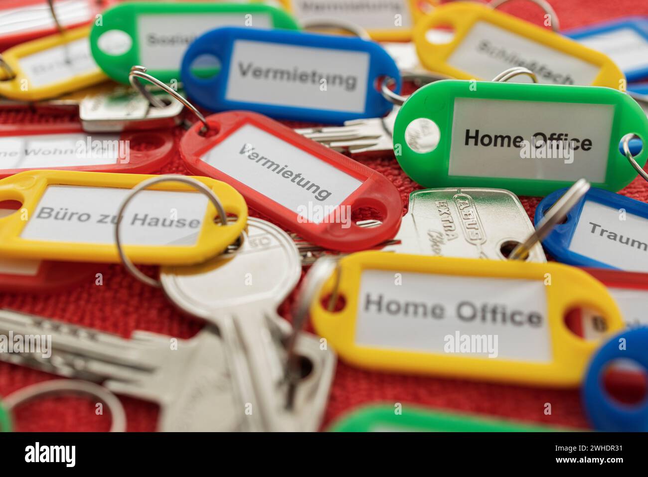 Various keys with key fob, different colors, labeled, detail, dimple key, red background, Stock Photo