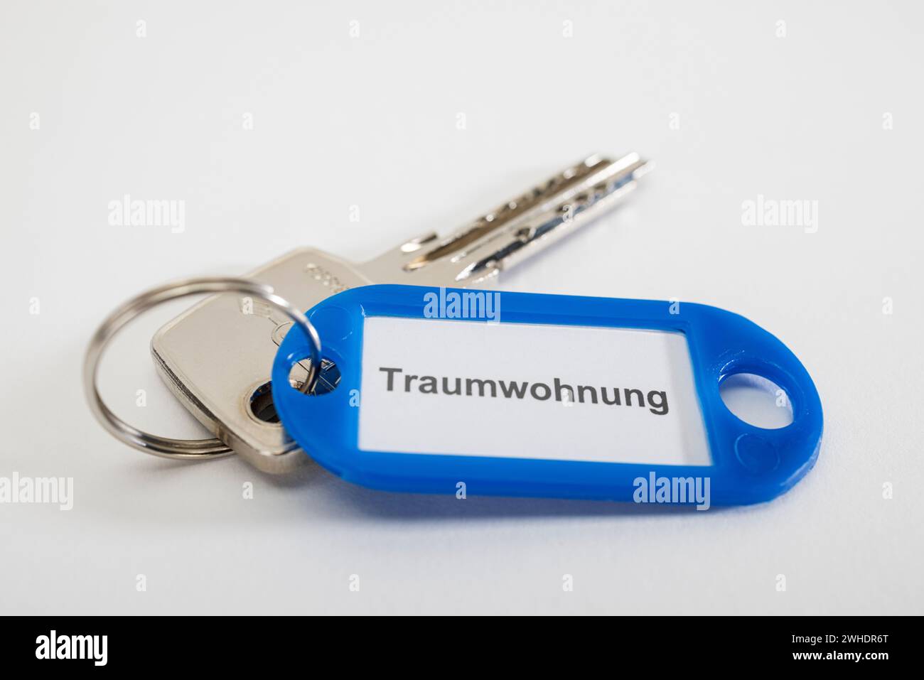 Key with blue key ring, labeled ëdream apartmentë, well key, white background, Stock Photo
