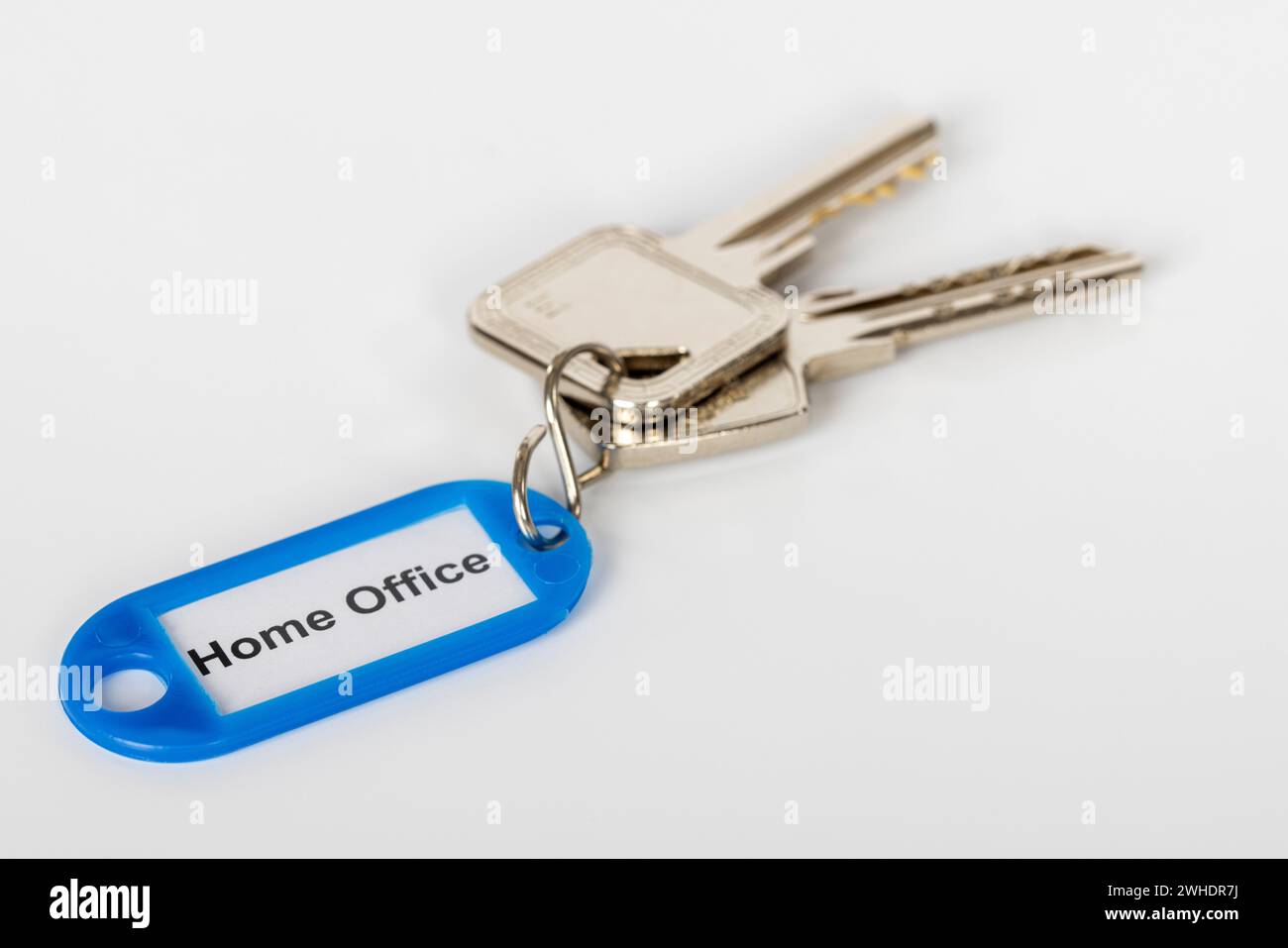 Key ring with blue key fob, labeled 'Home Office', dimple key, white background, Stock Photo