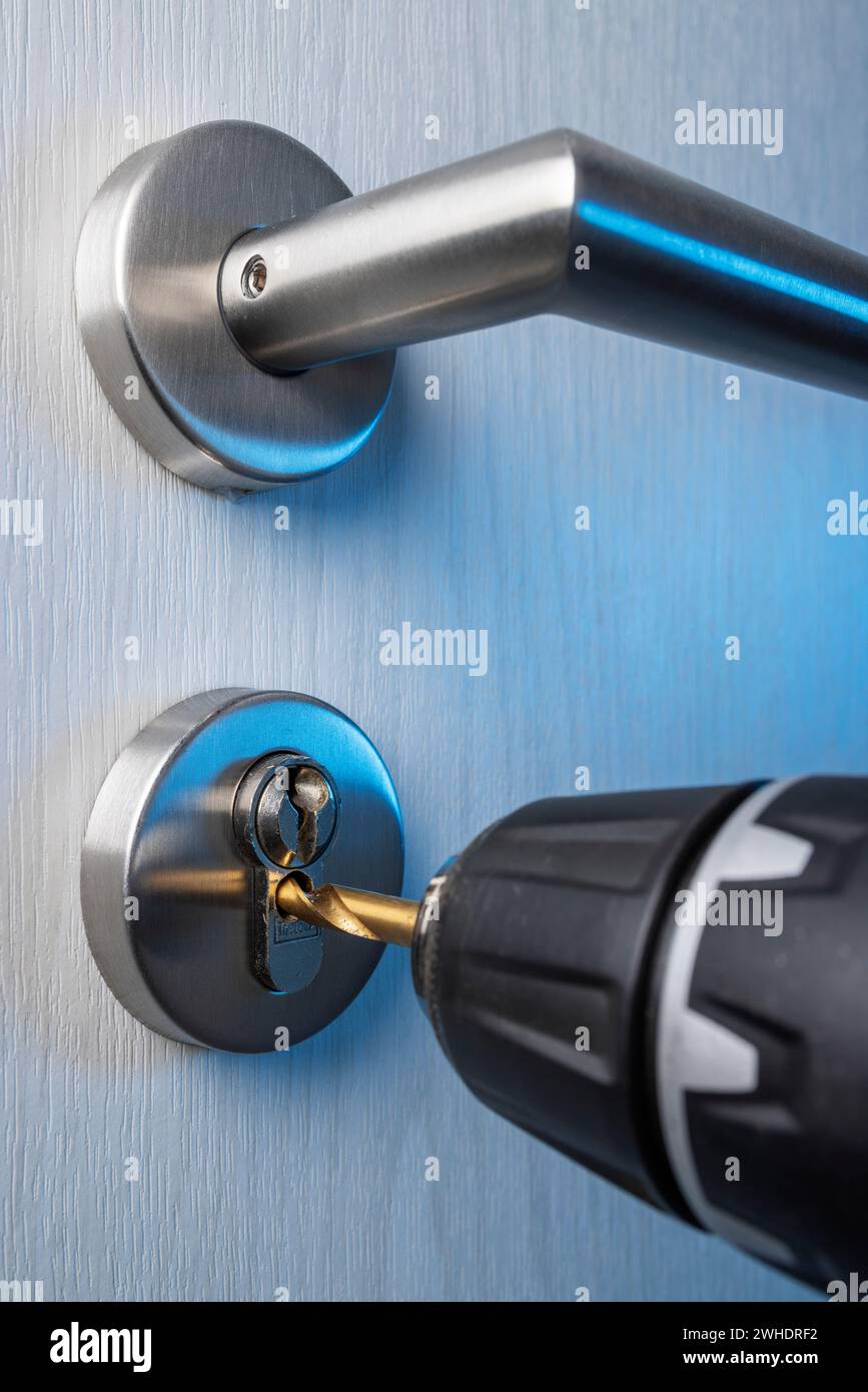 Drill out cylinder lock with drill, detail, Drill out cylinder lock