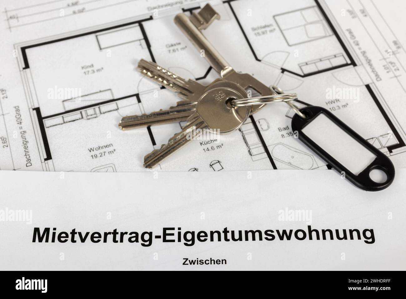 Key ring with black key fob, without labeling, contract, rental agreement condominium, floor plan, Stock Photo