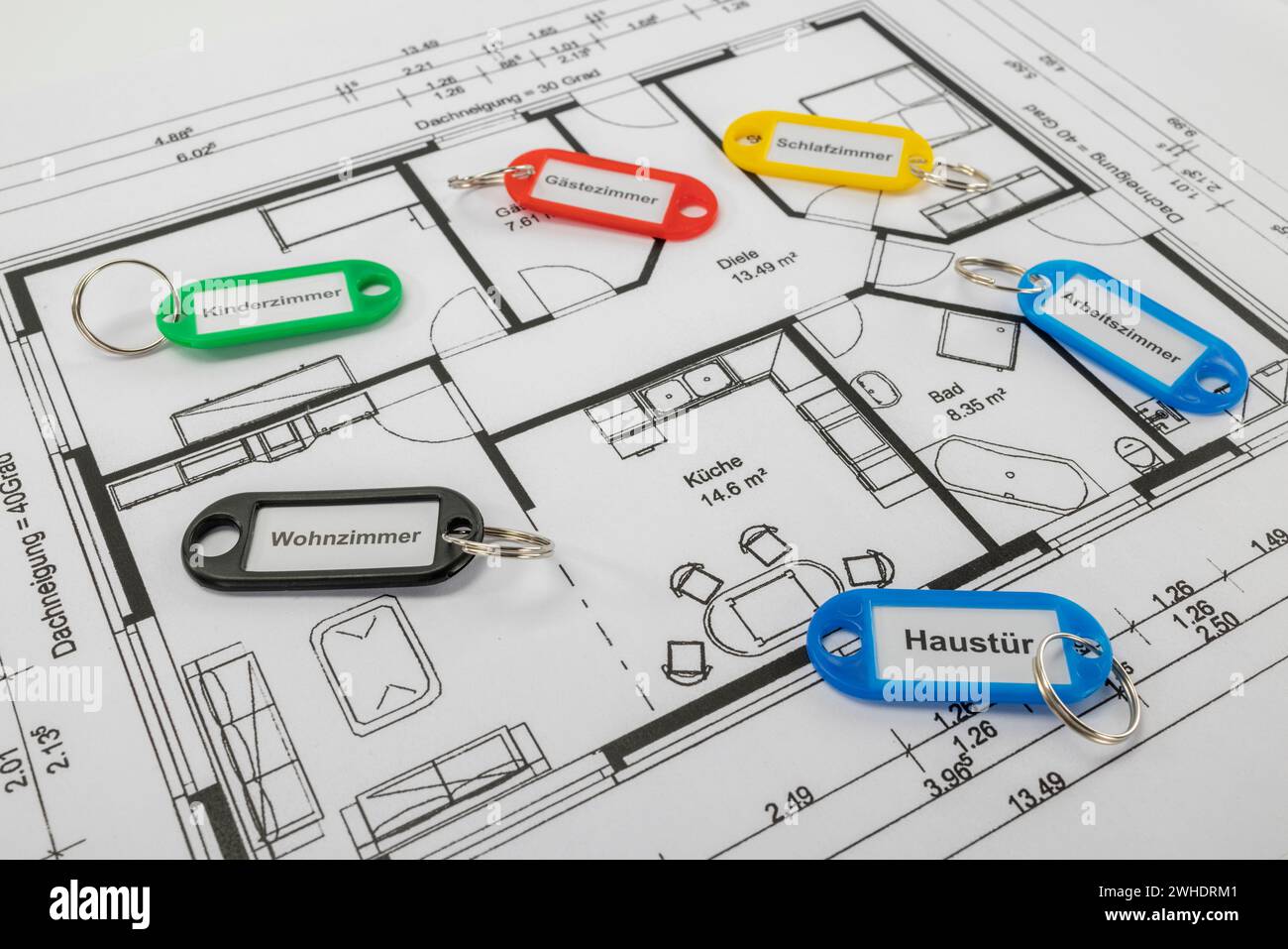 Floor plan, different colored key rings, labeled, layout, rooms, Stock Photo