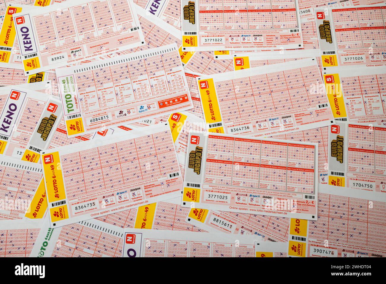 Many completed tickets, KENO, TOTO 6aus45 selection bet, EUROJACKPOT, LOTTO 6aus49, Stock Photo
