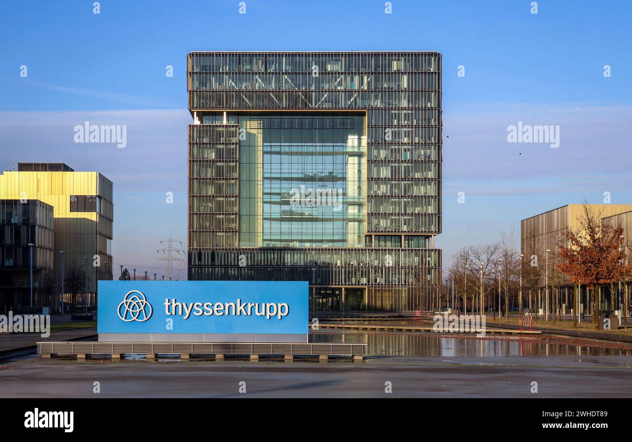 Essen, North Rhine-Westphalia, Germany - ThyssenKrupp, company logo in front of the headquarters. Essen-based Thyssenkrupp AG is an industrial group specializing in steel processing and Germany's largest steel manufacturer. Stock Photo