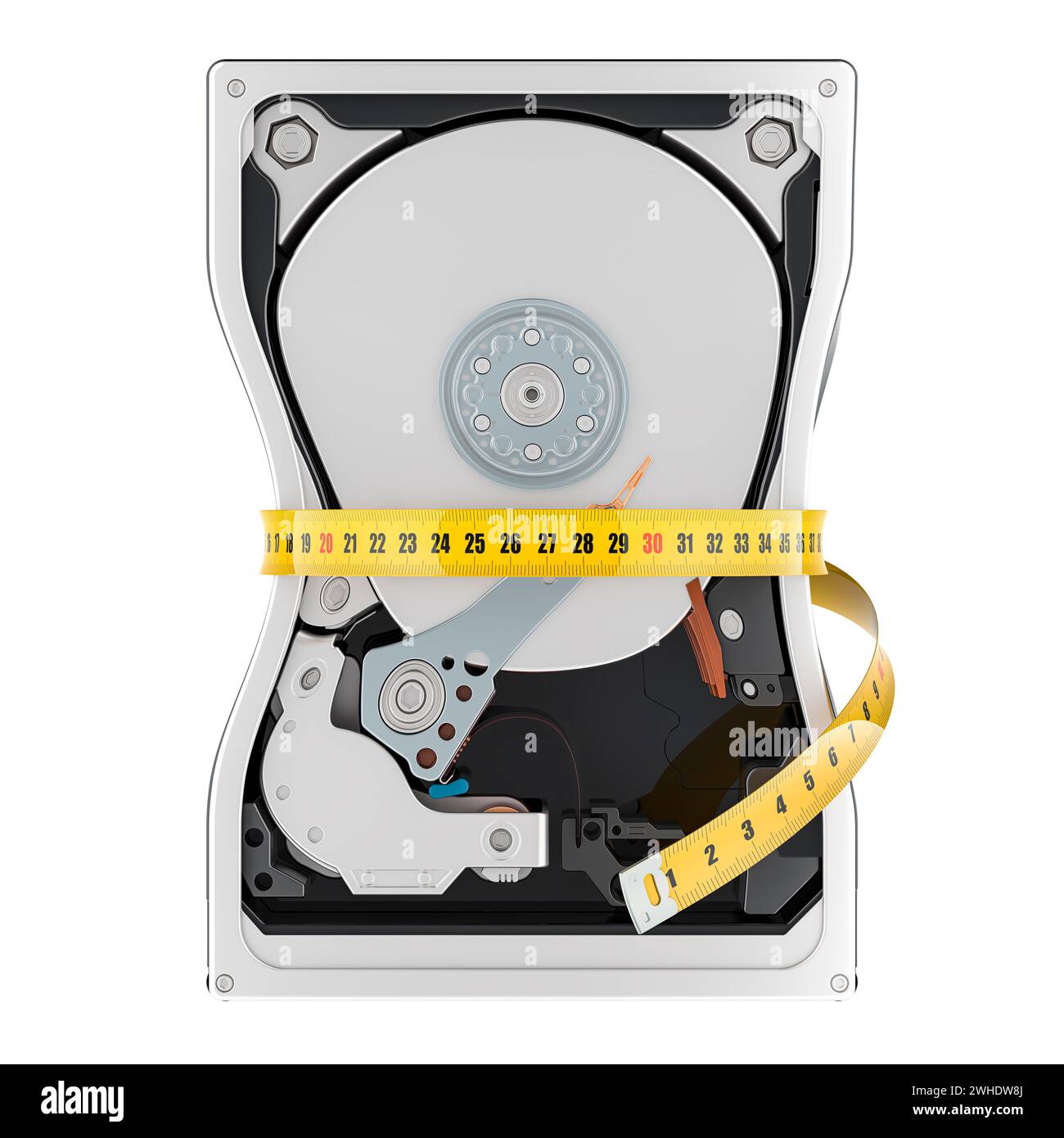 Capacity storage HDD, concept. Hard Disk Drive with measure tape around, 3D rendering isolated