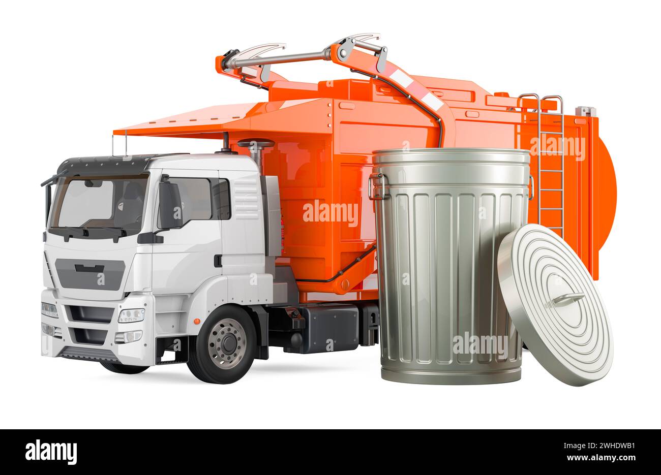 Rubbish Truck with large metallic garbage trash can. 3D rendering