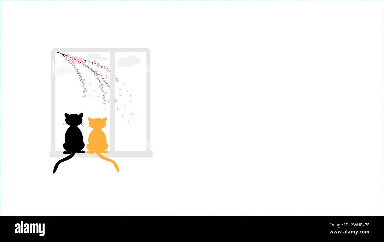 A black cat and a red cat are sitting on the windowsill and looking at a cherry blossom. Cats are waiting for spring. The concept of Easter, family, l Stock Vector