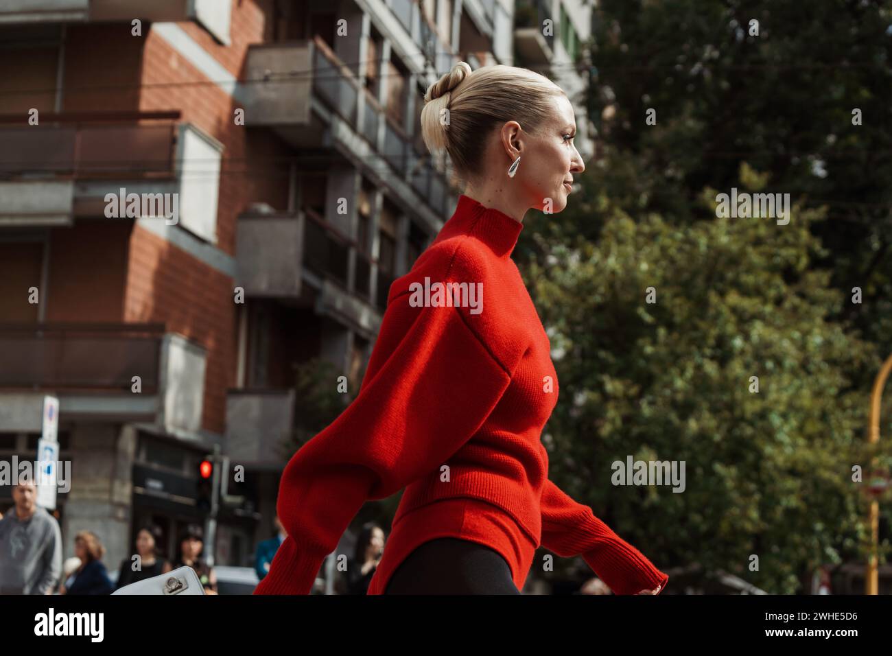 Leonie Hanne wears all Ferragamo, outside Salvatore Ferragamo show during Milan Fashion Week Womenswear Spring/Summer 2024. Stock Photo
