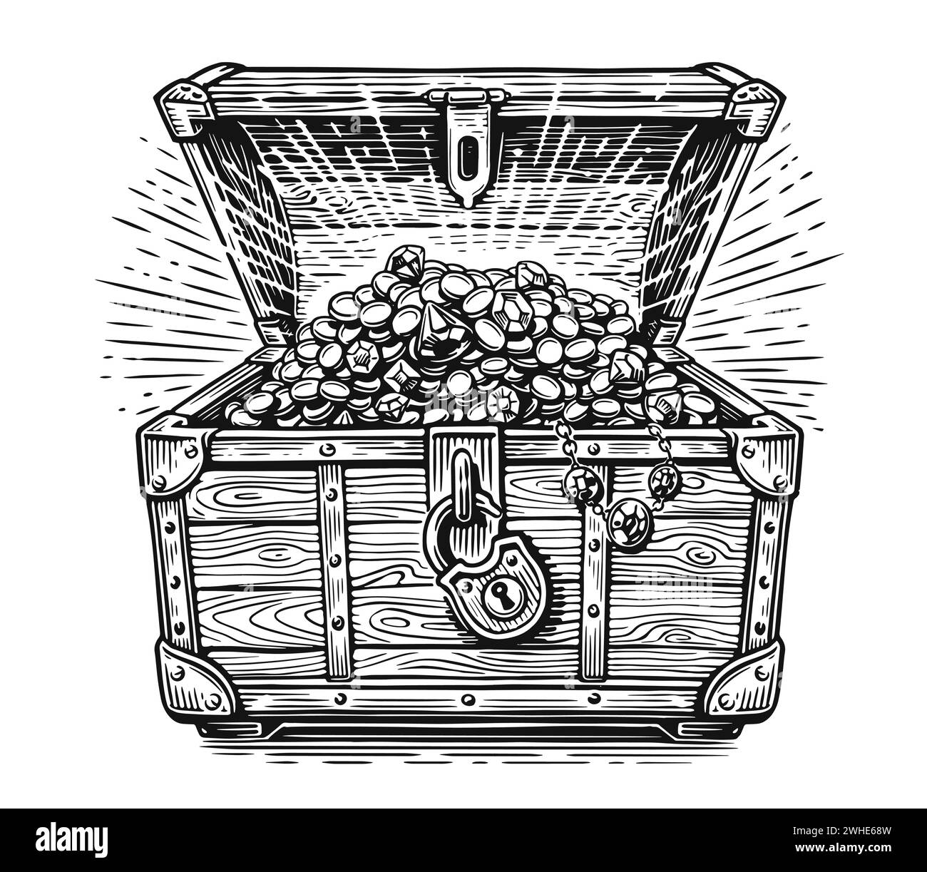 Wooden pirate chest full of treasures of gold coins and precious stones. Hand drawn vector illustration Stock Vector