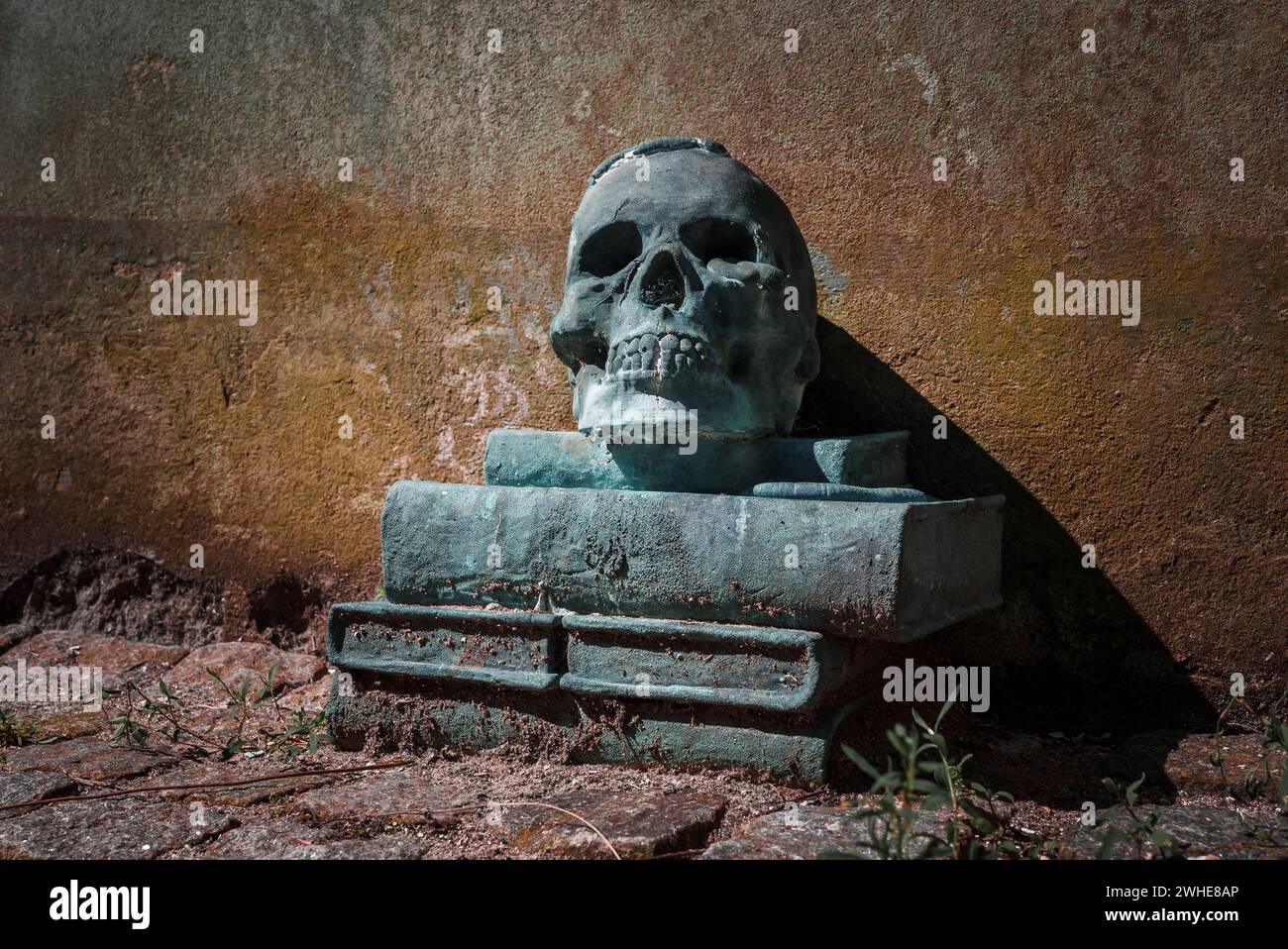 Vintage Stone Skull Sculpture Resting on Books, in Helsingborg. Stock Photo