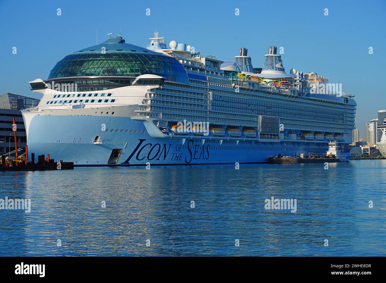 MIAMI BEACH, FL -3 FEB 2024- View of the Icon of the Seas by Royal Caribbean International, the largest cruise ship in the world, at Port Miami in Flo Stock Photo