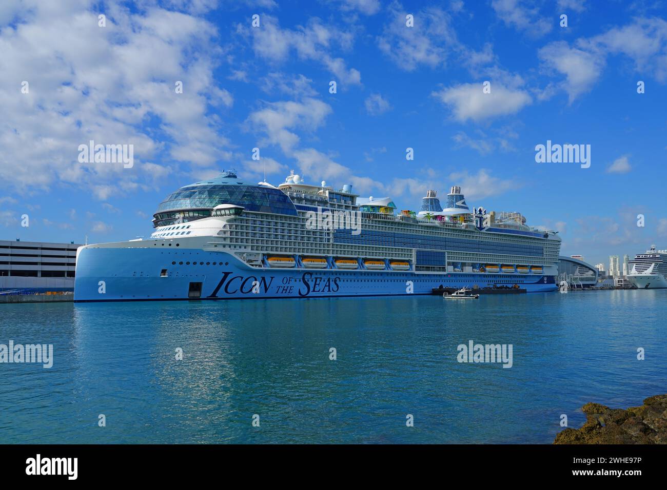 MIAMI BEACH, FL -3 FEB 2024- View of the Icon of the Seas by Royal Caribbean International, the largest cruise ship in the world, at Port Miami in Flo Stock Photo