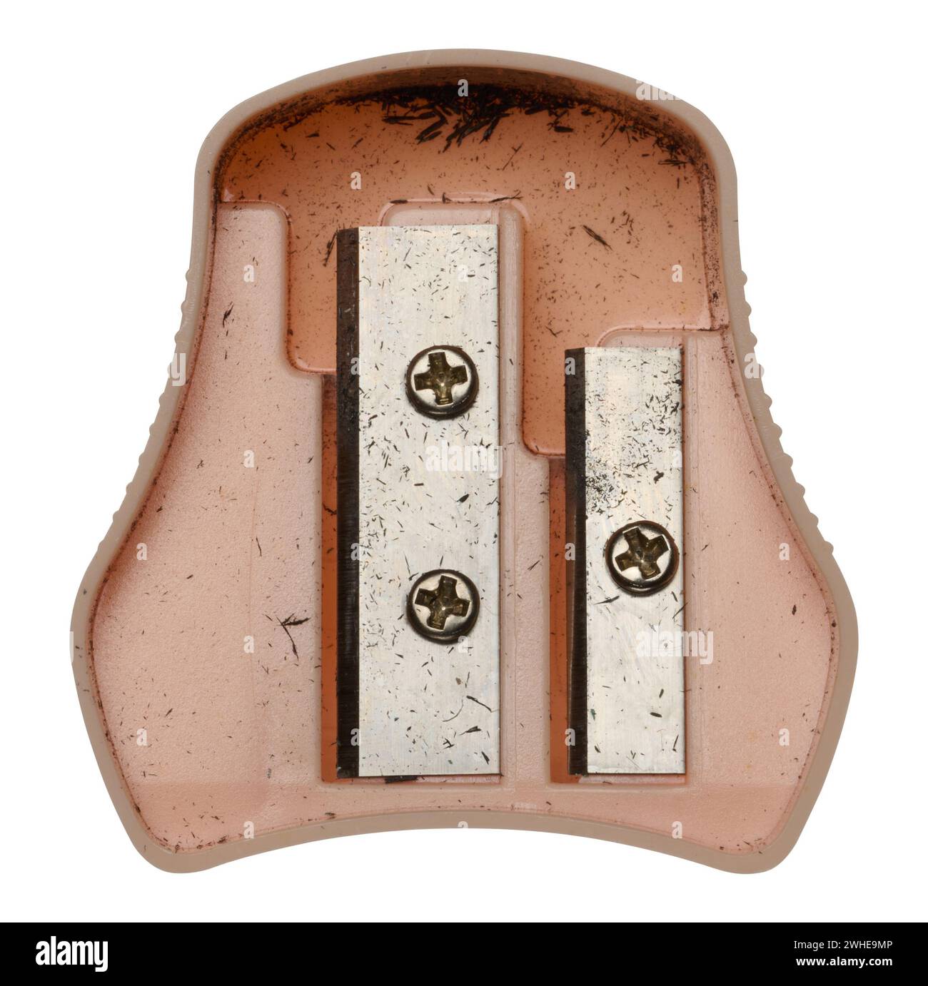 Pink plastic pencil sharpener on isolated background Stock Photo