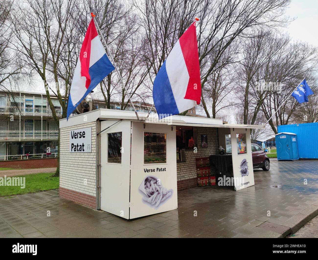 Cafeteria with dutch flags in the fishing village of Scheveningen, near the city of The Hague, Netherlands Stock Photo