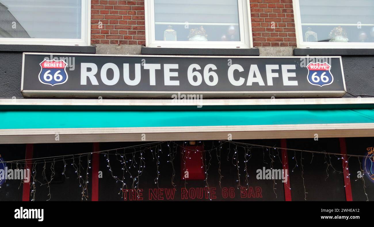 Sign of the Route 66 Café in the tourist coastal resort of Scheveningen, near the city of The Hague, Netherlands Stock Photo