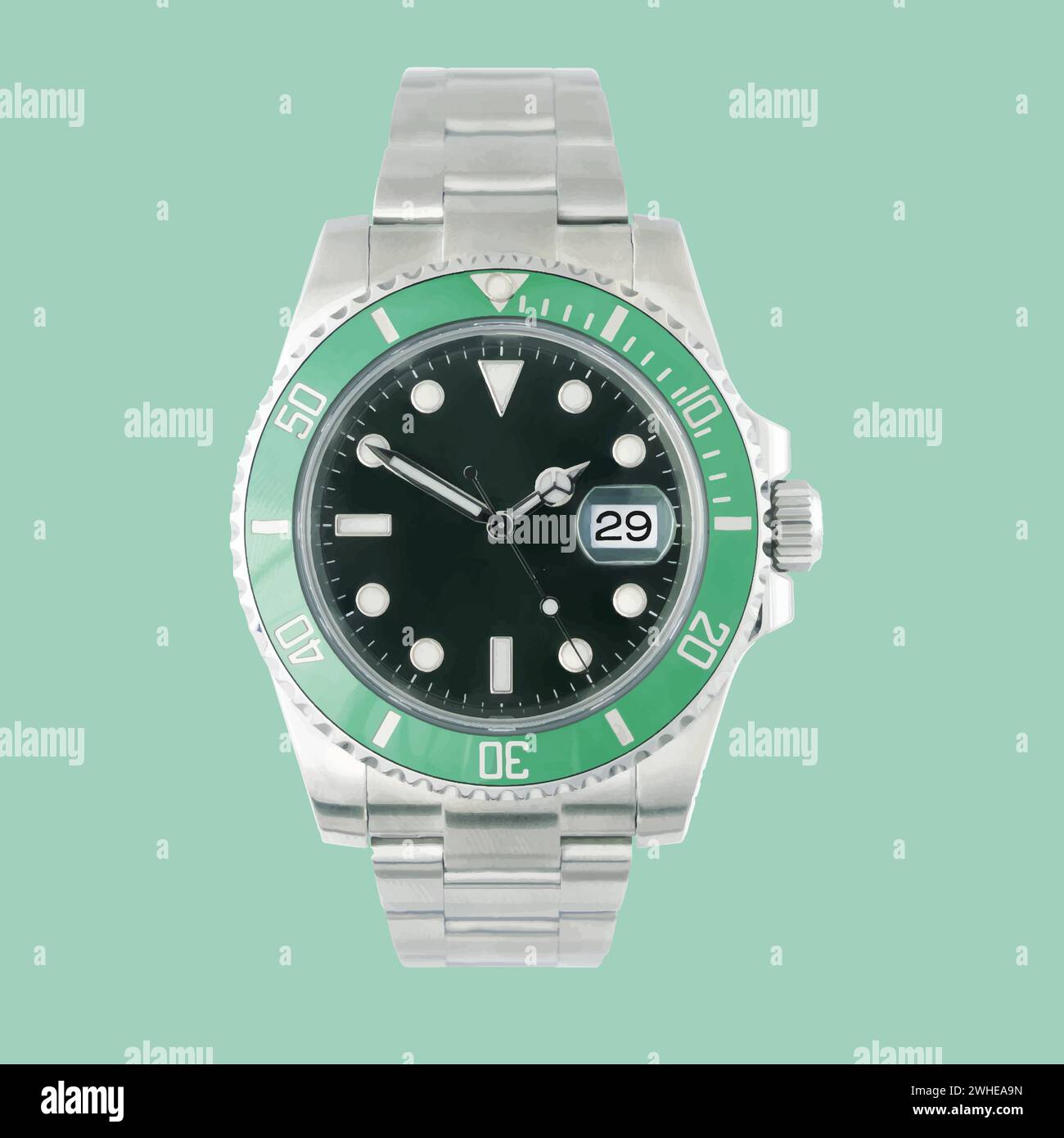 Rolex silver belt green and black wrist watch Stock Vector
