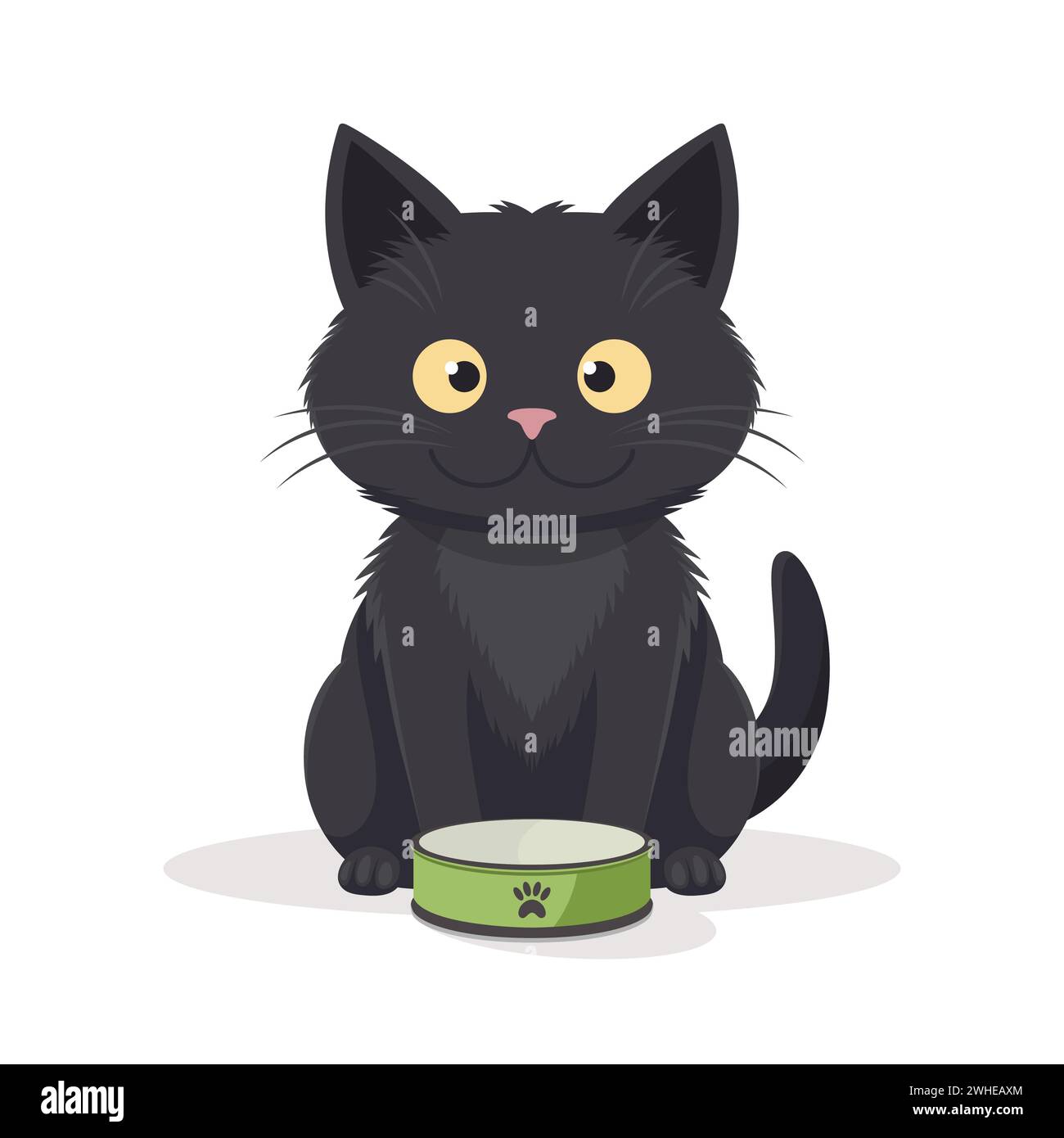 Vector Flat Black Cat with Green Pets Bowl. Cartoon Cat Icon Isolated