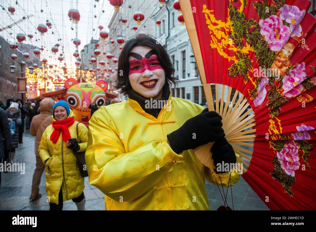 Moscow, Russia. 9th of February, 2024. Participants are seen during the opening ceremony of the Moscow Festival of Chinese New Year in Kamergersky Lane in central Moscow, Russia. Credit: Nikolay Vinokurov/Alamy Live News Stock Photo