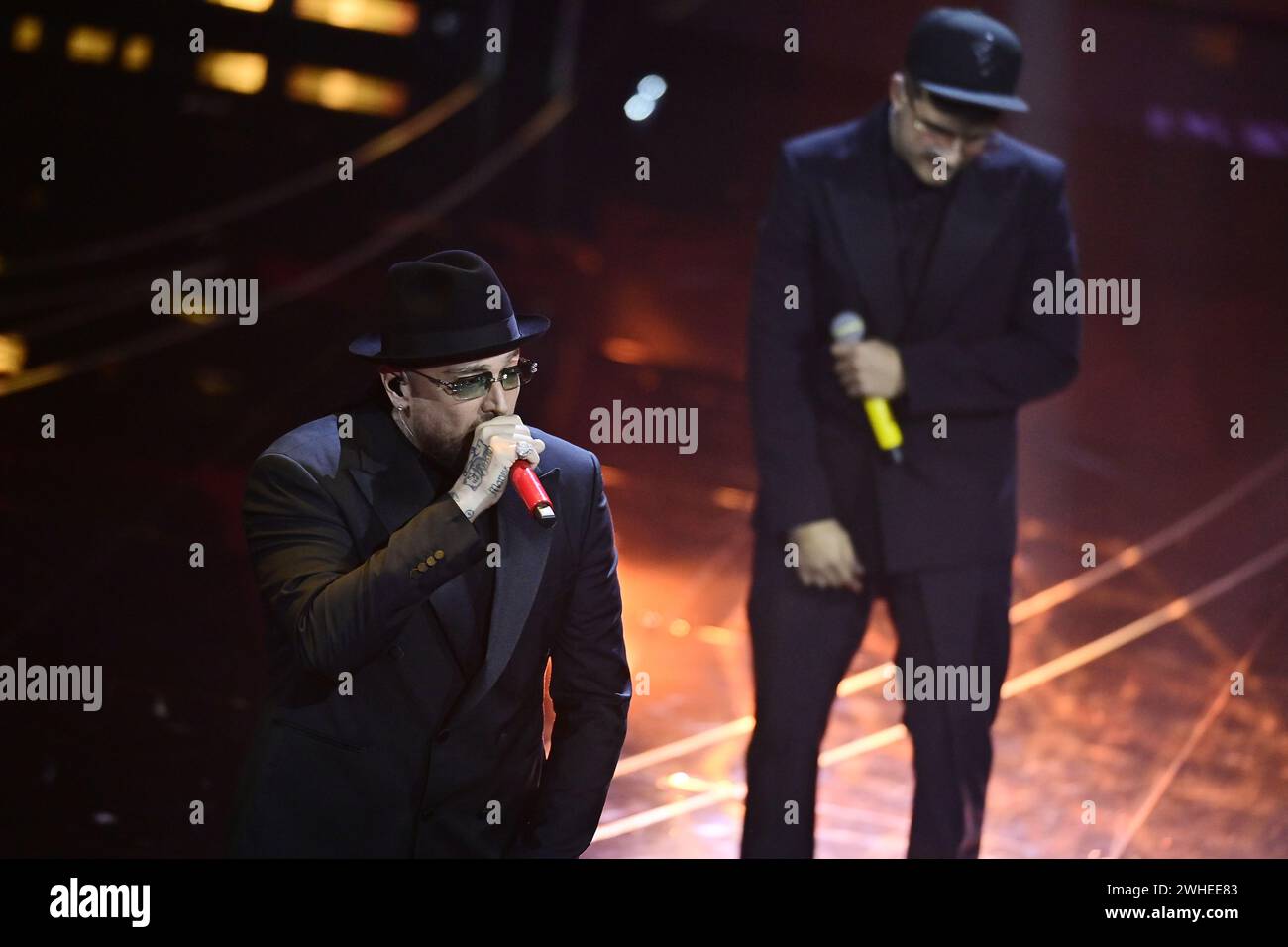 Sanremo, Italia. 09th Feb, 2024. Geolier with Guè, Luchè and Gigi D'Alessio performer during the 74th edition of the SANREMO Italian Song Festival at the Ariston Theatre in Sanremo, northern Italy - Friday, FEBRUARY 9, 2024. Entertainment. (Photo by Marco Alpozzi/LaPresse) Credit: LaPresse/Alamy Live News Stock Photo