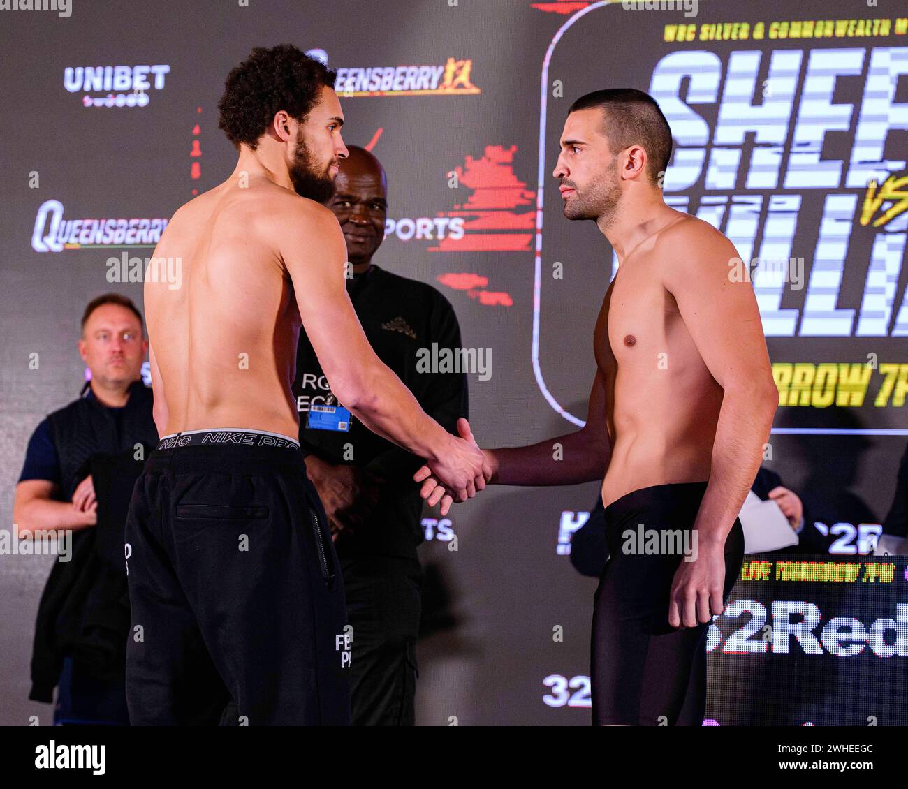 LONDON, UNITED KINGDOM. 09 Feb, 24. Karol Itauma and Eros Seghetti during  Queensberry Fight Week Sheeraz vs Williams Official Weigh-in at Echo  Building on Friday, February 09, 2024 in LONDON, ENGLAND. Credit: