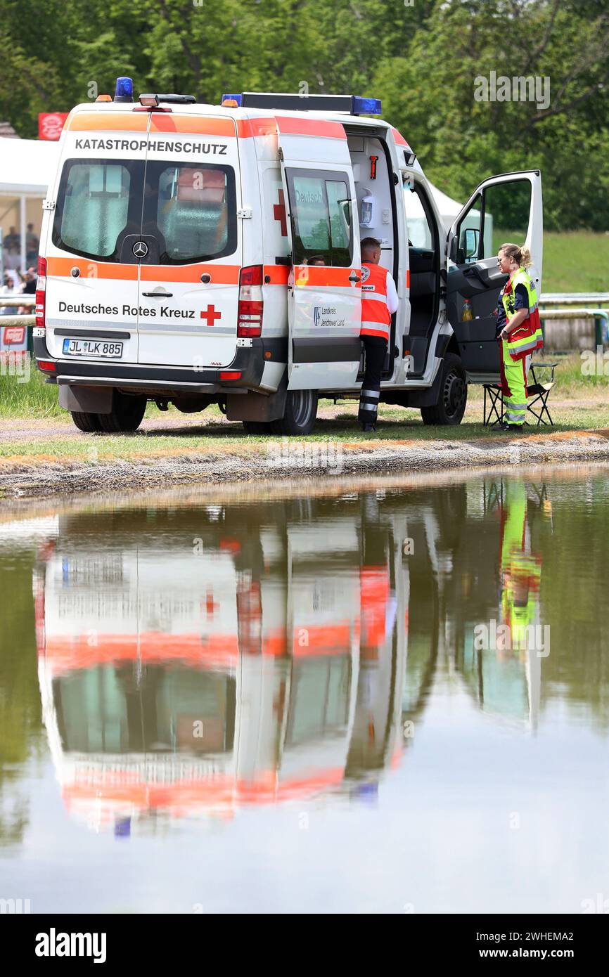 '18.05.2023, Germany, Saxony-Anhalt, Magdeburg - Emergency ambulance of the Johanniter disaster relief organization. 00S230518D148CAROEX.JPG [MODEL RE Stock Photo