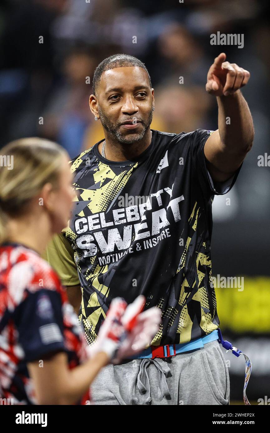 Henderson, NV, USA. 08th Feb, 2024. Retired NBA player Tracy McGrady on the field prior to the start of the 24th annual Celebrity Flag Football Challenge at the Dollar Loan Center in Henderson, NV. Christopher Trim/CSM/Alamy Live News Stock Photo